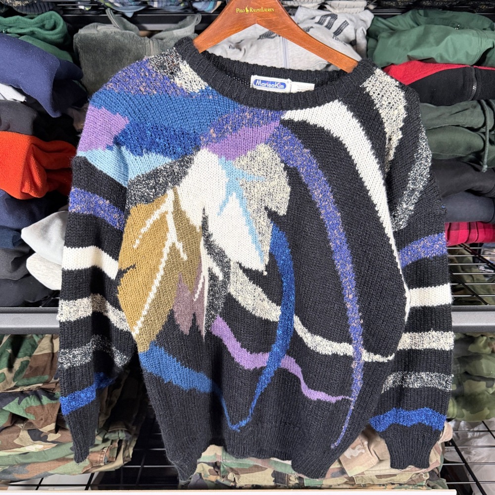 Mariana Kim Mens Abstract Print Knit Sweater Pullover Black Blue Purple Size S